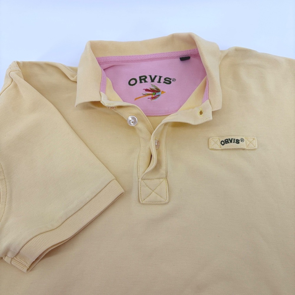 Orvis Mens Yellow Pink Contrast Pique Polo Shirt Short Sleeve Size M